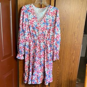 Ladies Floral V-Neck Long Sleeve Dress - Pink & Blue